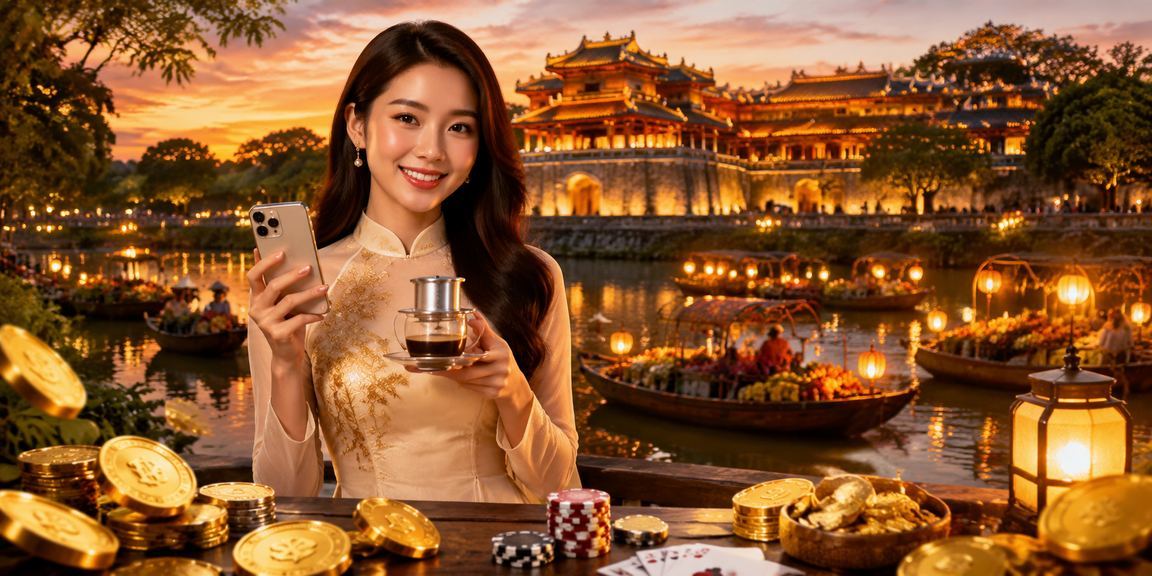 Người dùng tại Huế ngồi cà phê kiểm tra ưu đãi khuyến mãi và trò chơi bài trực tuyến qua điện thoại